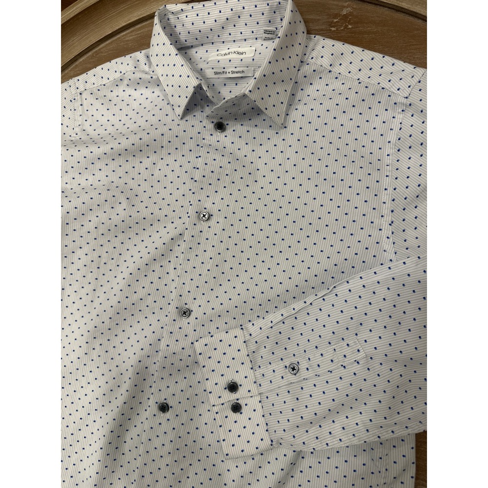 Calvin Klein Mens Slim Fit Stretch Shirt Blue Micro Dot White Pinstripe CTFCB01F